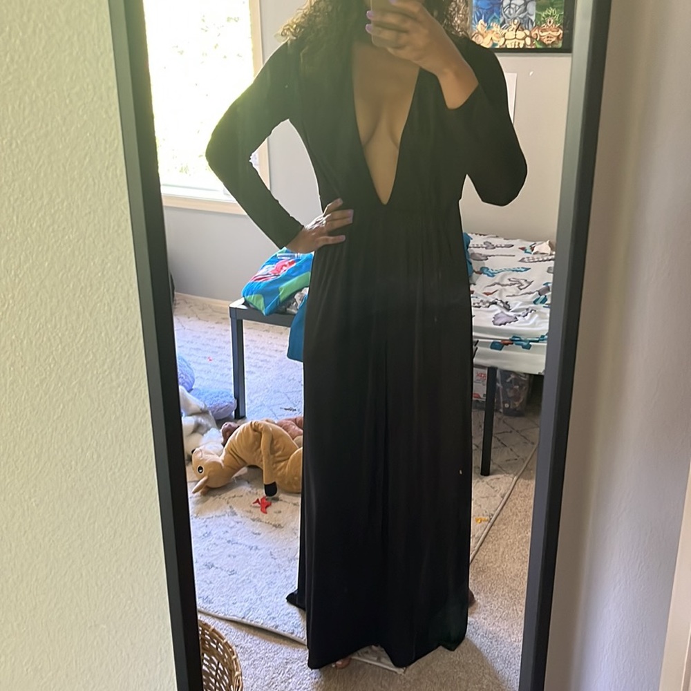 Express Long Sleeve Deep V Black Maxi Dress